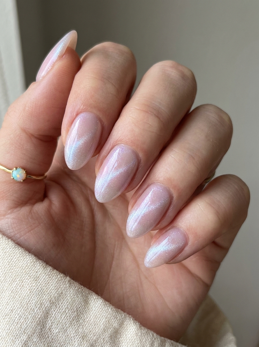 Opal Cat Eye Nails mit hellem magnetischem Schimmerstreifen